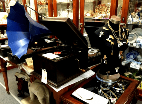 Vintage record player, or gramophone, in antiques centre